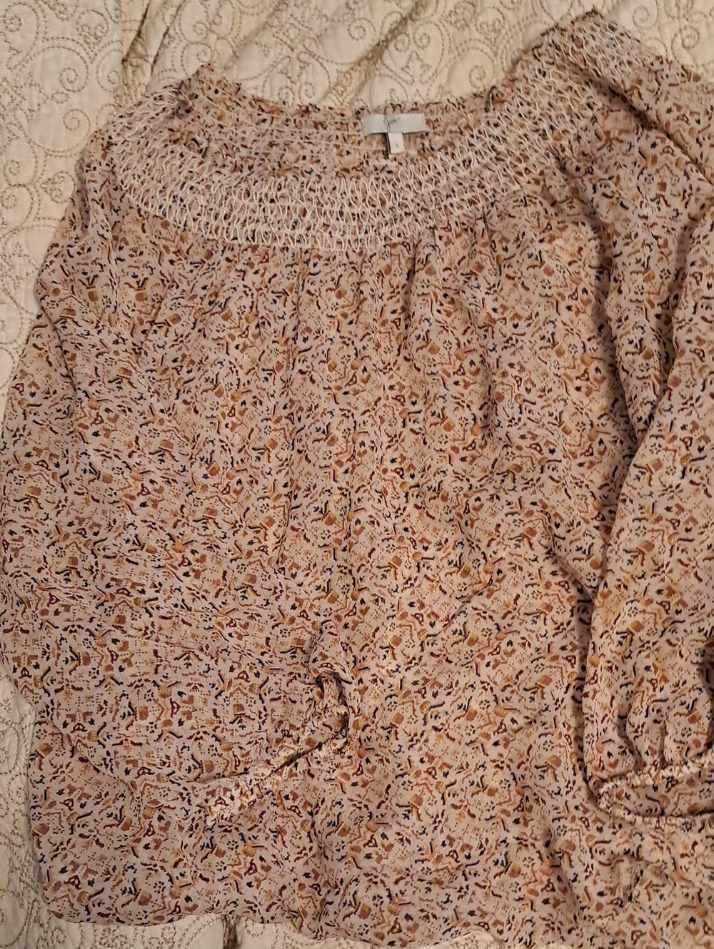 Joie Floral Smocked Neck Blouse Beige Multi